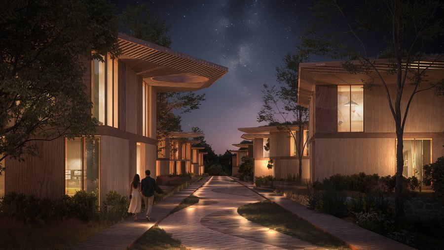 A landscaped walkway between buildings at Mira Verde
