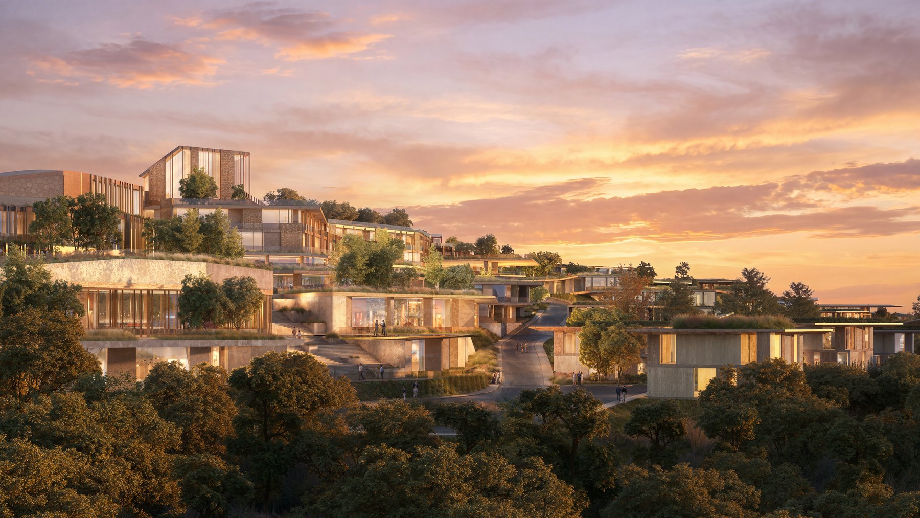 Terraced residences at Mira Verde in golden hour light