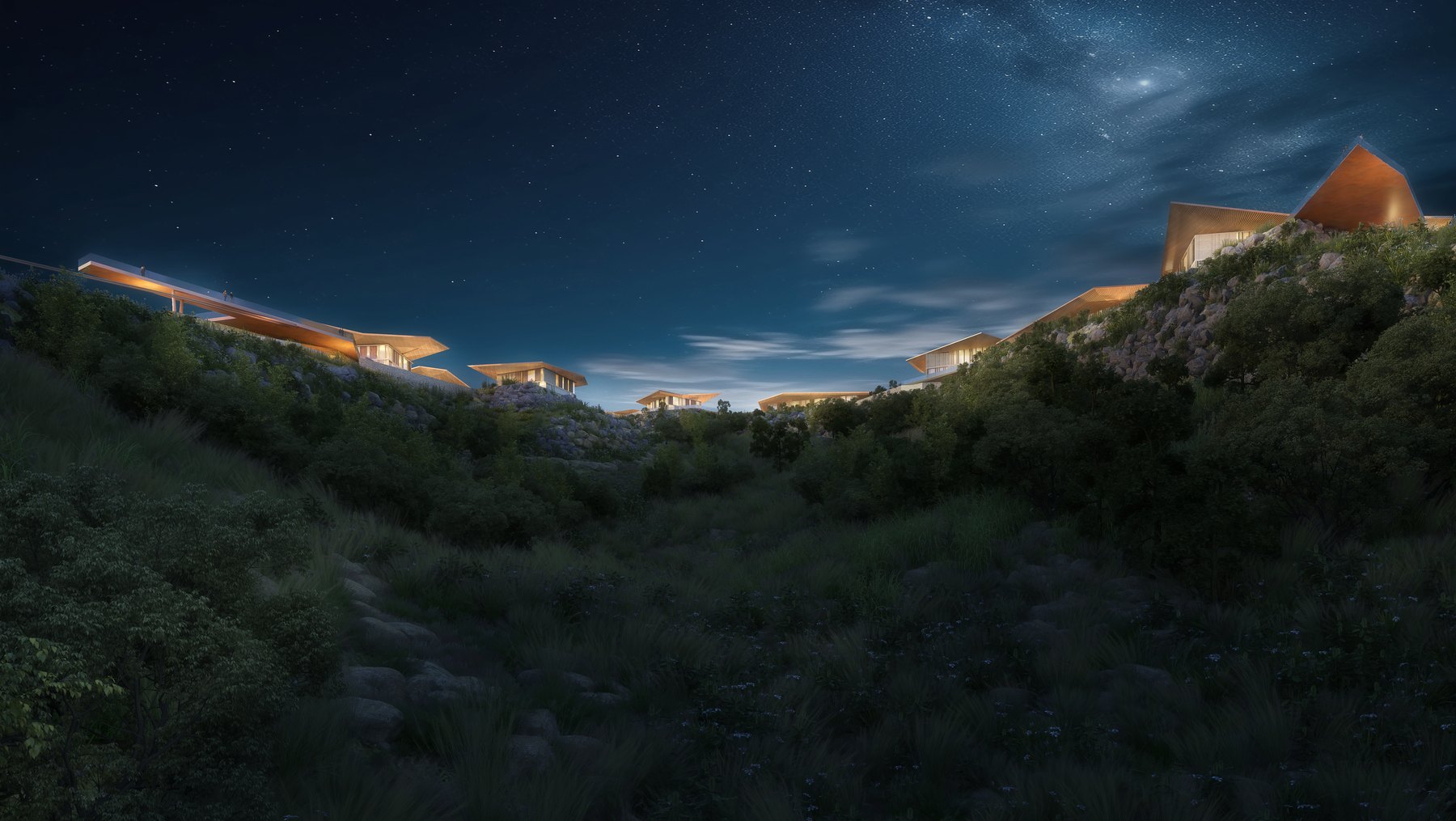 The valley below Mira Verde under a night sky