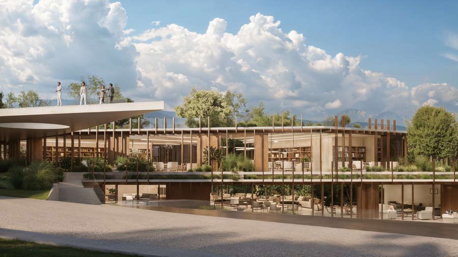 A community pavilion at Mira Verde on a clear day