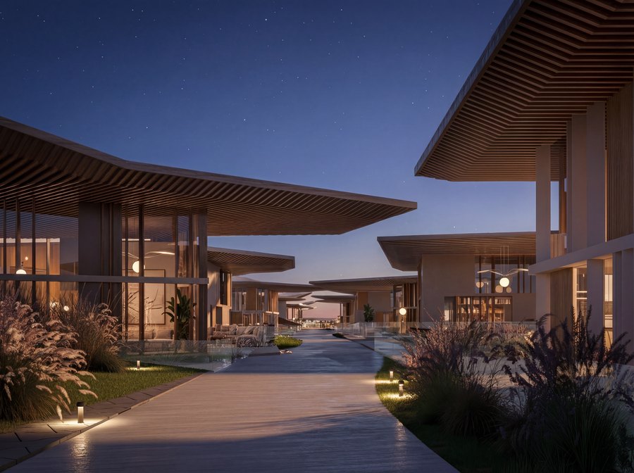 The arrival canopy of the five-star hotel at Mira Verde at dusk