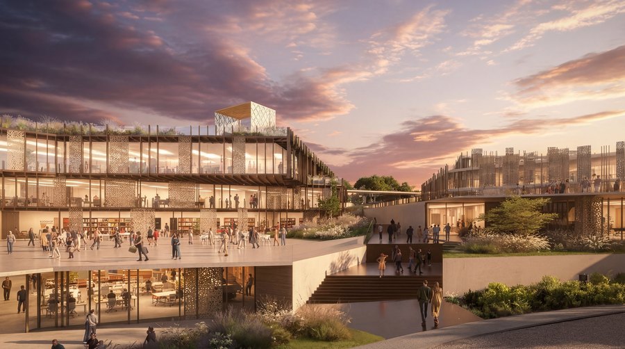 The retail and office quarter at Mira Verde at dusk