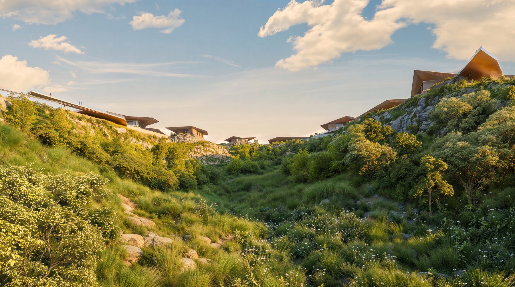 Open green landscape running through the Mira Verde community