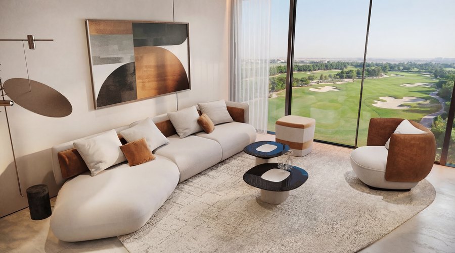 Living room with curved glazing over the golf course