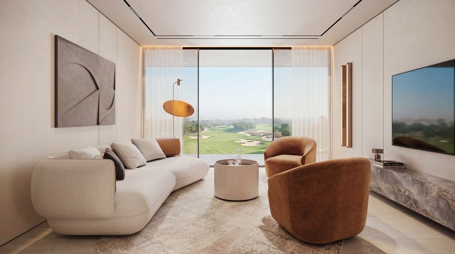 Living room with marble surfaces and long hill views