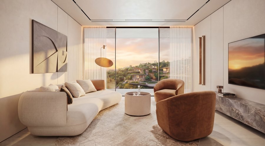 Living area with the hills at sunset