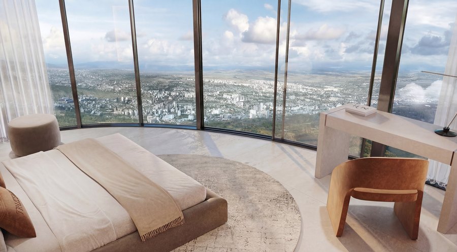 Bedroom with a panoramic outlook over the city