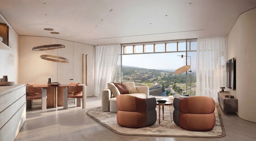 Dining and living space with the valley beyond